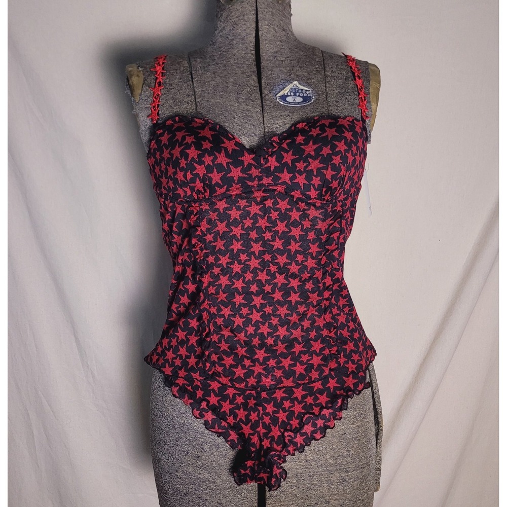 Vintage 90s Y2K Deadstock Black Red Star Bustier Top Panties Set Mesh Alt Goth L